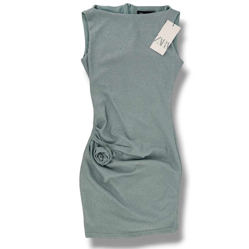 Zara Shimmer Ruched Rosette Mini Dress Seafoam Green Size M 4661/234/403